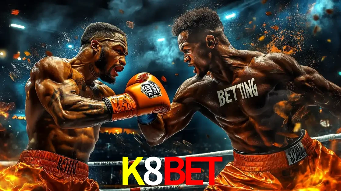 Dois boxeadores em uma luta intensa e explosiva, representando a adrenalina e as oportunidades de apostas em esportes de combate disponíveis na plataforma K8BET.
