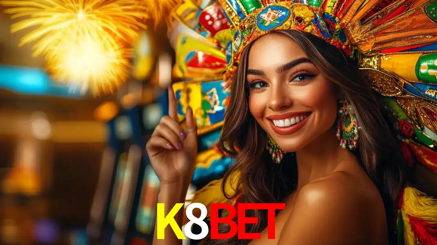 Mulher sorridente com um cocar de carnaval vibrante e colorido, celebrando uma grande vitória nos jogos do cassino K8BET com fogos de artifício ao fundo.