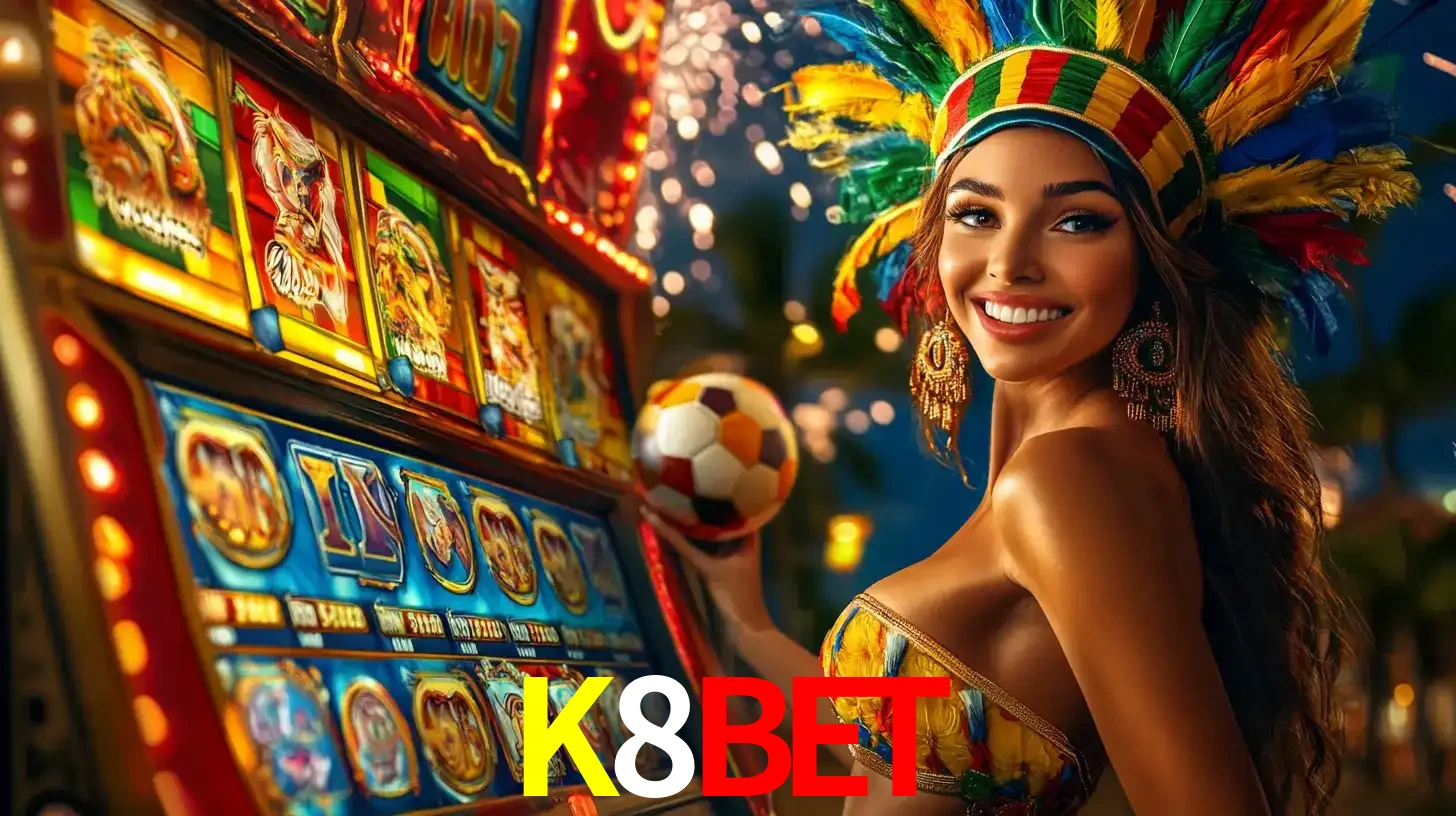 Mulher com um cocar de carnaval ao lado de uma máquina de caça-níqueis enquanto segura uma bola de futebol, mostrando a união da diversão de cassino e esportes no K8BET.