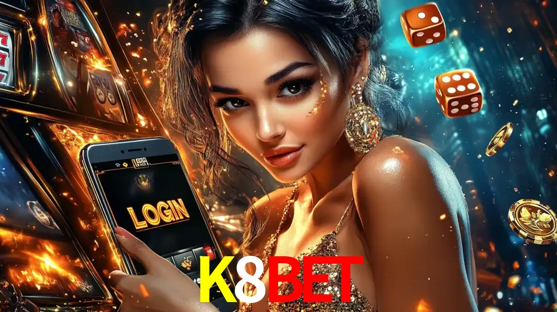 Mulher glamourosa segurando um celular com a tela de login do cassino K8BET, rodeada por dados e moedas douradas, pronta para começar a diversão.