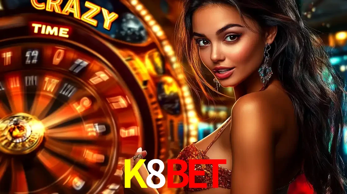 Mulher ao lado da roda de prêmios do jogo de cassino ao vivo Crazy Time, um dos shows de jogos mais emocionantes oferecidos pela plataforma de apostas K8BET.
