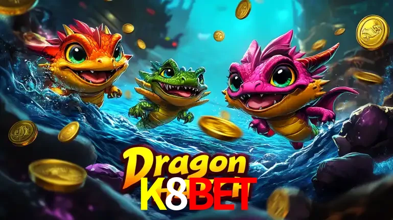 Arte promocional do jogo Dragon Hatch com três adoráveis dragões bebês nadando entre moedas de ouro, um dos slots mais divertidos para jogar no cassino K8BET.