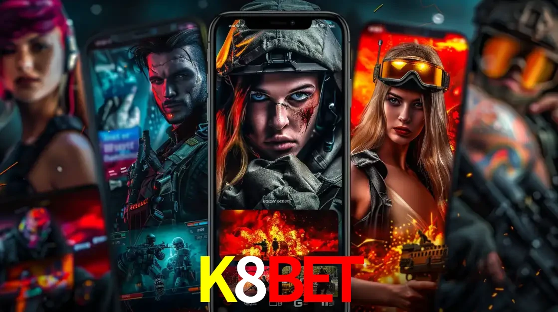 Montagem de telas de celular mostrando diversos personagens, masculinos e femininos, de um jogo de tiro, ilustrando a diversidade de equipes de e-sports para apostar no K8BET.