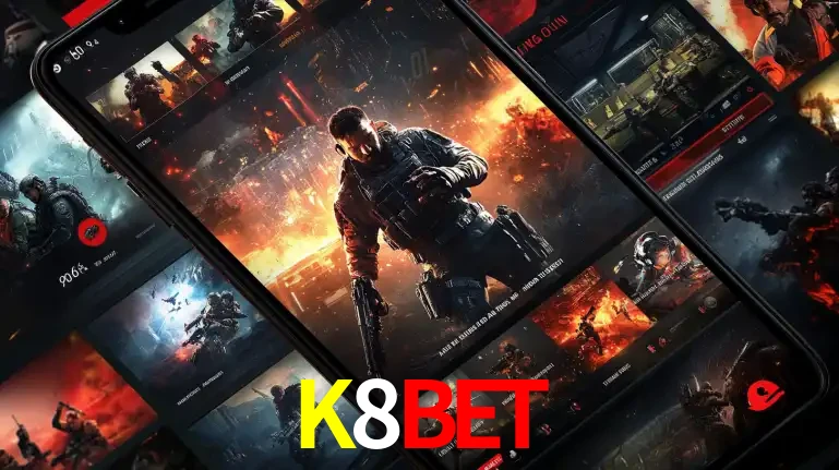Tela de um celular exibindo uma galeria de jogos de tiro com temática militar, mostrando a variedade de e-sports disponíveis para apostas na plataforma de entretenimento K8BET.