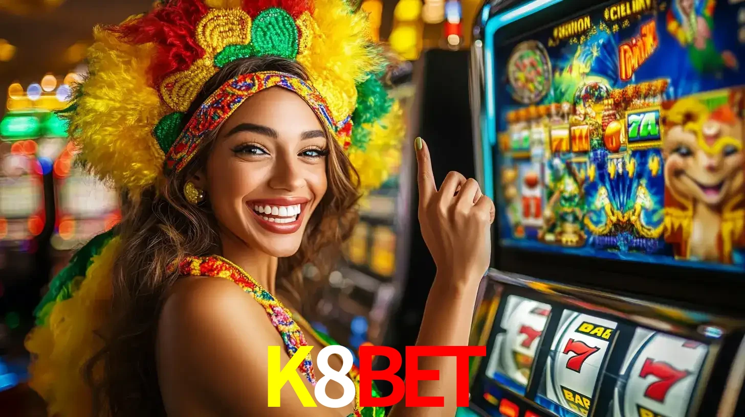 Mulher animada com um cocar de carnaval apontando para uma máquina de caça-níqueis, mostrando a emoção de ganhar um grande prêmio nos jogos do K8BET.