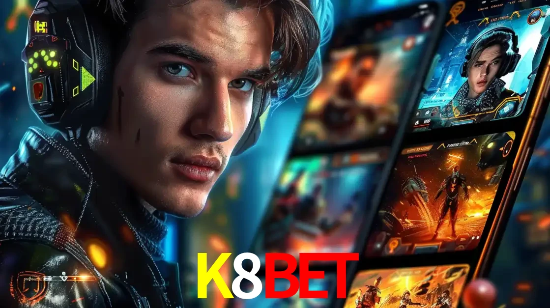 Jovem jogador com fones de ouvido olhando para a câmera, com um aplicativo de jogos e e-sports para celular ao fundo, pronto para a competição e apostas no K8BET.
