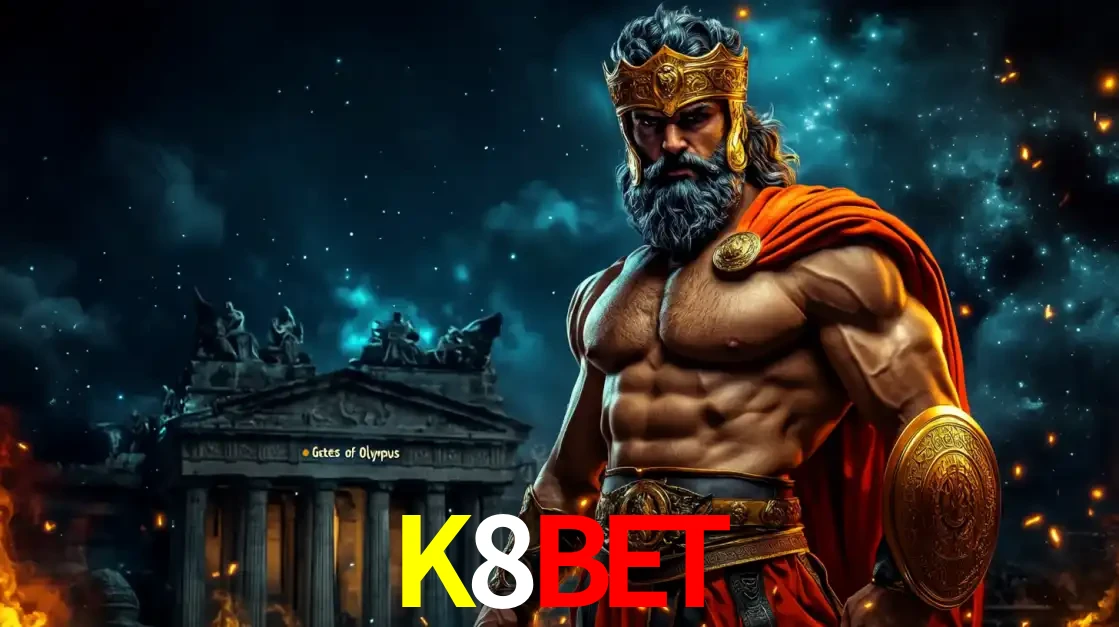 O poderoso Zeus do jogo de slot Gates of Olympus em frente ao seu templo, pronto para lançar multiplicadores divinos e prêmios épicos no cassino online K8BET.