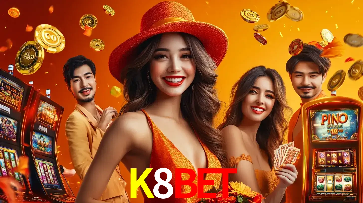 Grupo de amigos asiáticos sorrindo e se divertindo com máquinas de caça-níqueis em um ambiente festivo, celebrando suas vitórias nos jogos de cassino do K8BET.