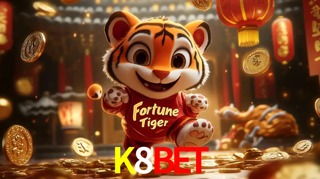 O alegre personagem do Fortune Tiger correndo sobre um caminho de moedas de ouro, simbolizando os grandes prêmios e a diversão do popular jogo de slot do K8BET.