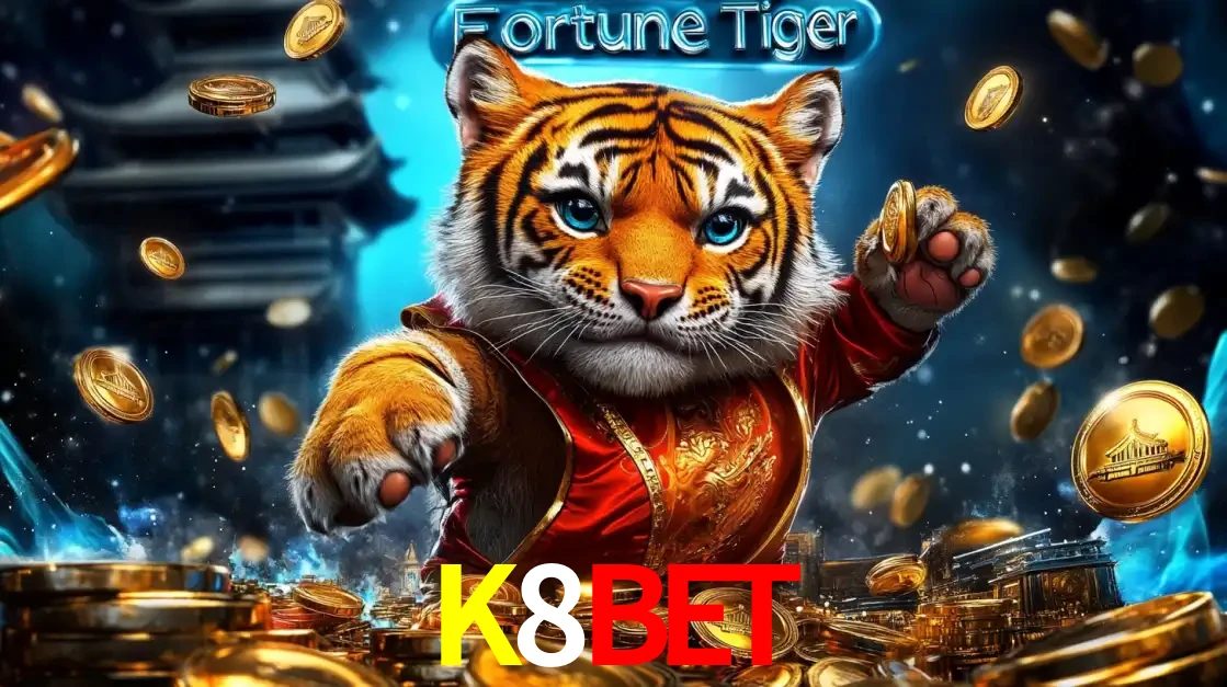 Imagem promocional do jogo de slot Fortune Tiger, com um tigre majestoso em traje tradicional cercado por uma fortuna em moedas de ouro, disponível agora no cassino K8BET.