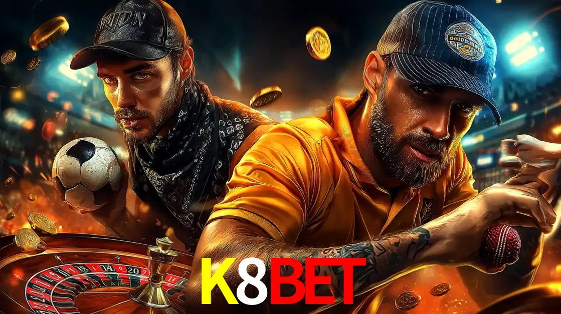 Montagem de apostas esportivas e cassino no K8BET, com um homem segurando uma bola de futebol e outro uma de beisebol sobre uma roleta e moedas voadoras.