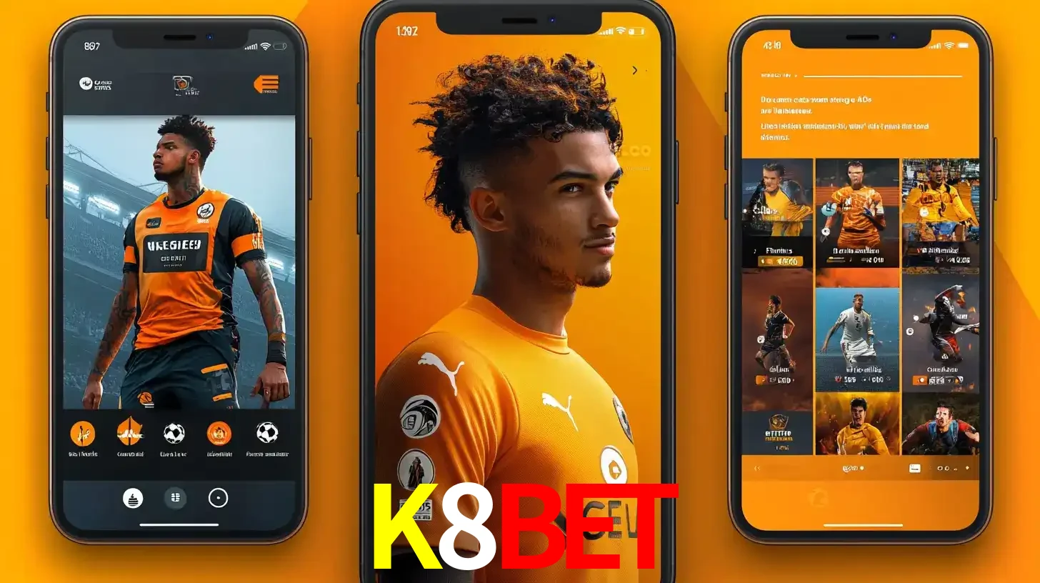 Interface do aplicativo de apostas esportivas K8BET em três telas de celular, mostrando o perfil de um jogador de futebol e a lista de jogos disponíveis para apostar.