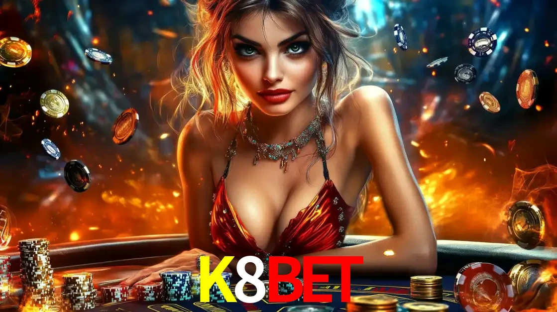 Mulher em uma mesa de cassino com pilhas de fichas e um fundo de fogo, pronta para uma rodada de altas apostas nos jogos de mesa emocionantes do cassino K8BET.