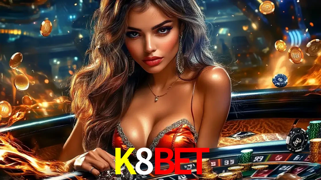 Mulher glamourosa em uma mesa de roleta com um fundo de chamas e moedas voadoras, pronta para fazer sua aposta e ganhar grandes prêmios no cassino ao vivo K8BET.