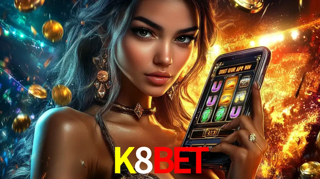 Mulher elegante mostrando um jogo de caça-níqueis em seu smartphone, destacando a experiência de cassino móvel oferecida pelo aplicativo K8BET.