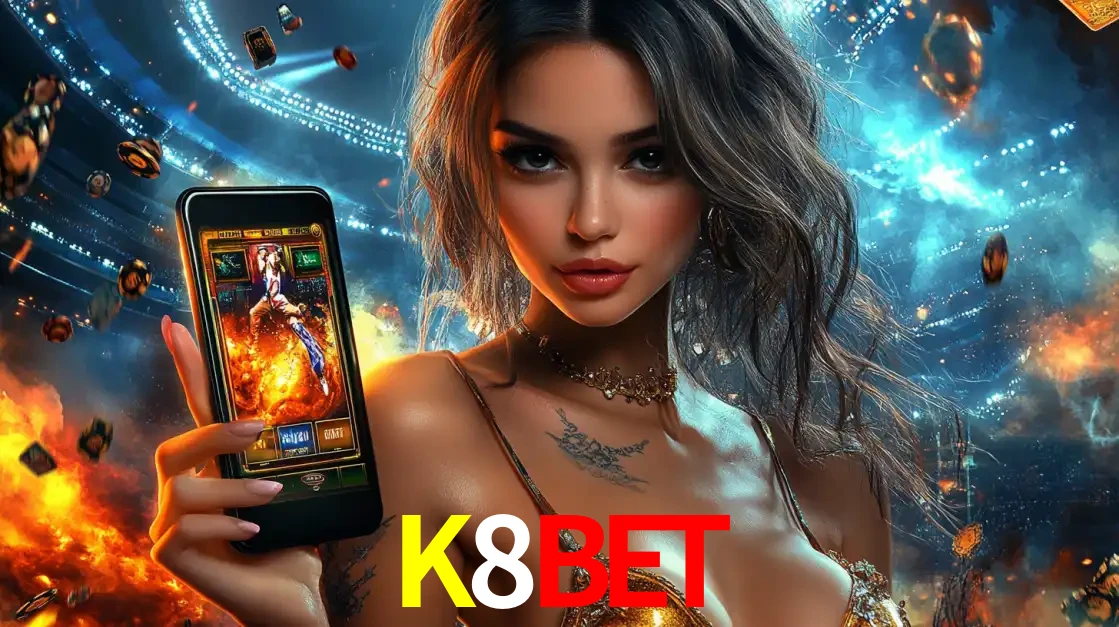 Mulher segurando um celular com um jogo de slot em destaque, tendo como fundo um estádio vibrante, simbolizando a emoção de jogar no cassino móvel K8BET.