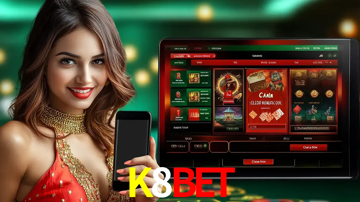 Mulher sorridente segurando um smartphone, ao lado de uma tela exibindo o lobby de jogos do cassino online K8BET, com várias opções de jogos de cartas e slots.