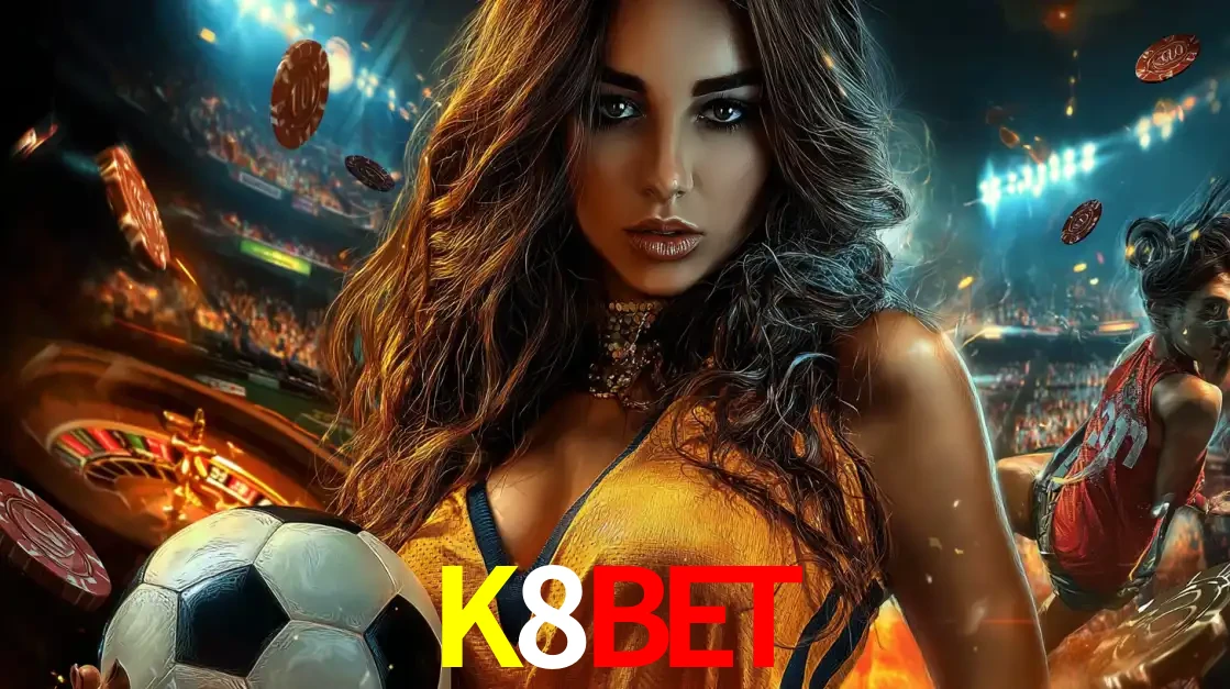 Mulher segurando uma bola de futebol em uma montagem que mistura a paixão esportiva com a emoção da roleta de cassino, tudo disponível na plataforma K8BET.
